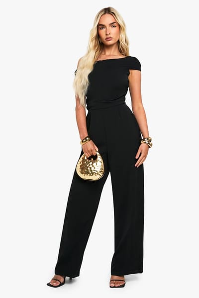 boohoo Dames Asymmetrische Drape Tailored jumpsuit met wijde pijpen | Black | Maat: 12