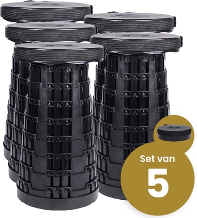 Alora Opvouwbare Kruk Extra Strong Zwart Per 5 - Telescopische Kruk - 250 Kg - Inklapbare Kruk - Draagbaar - Kampeerstoel - Opstapkrukje