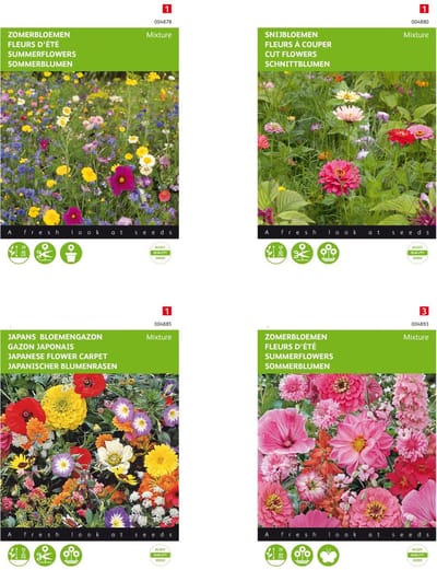 set van 4 zakjes bloemenzaden in 4 soorten | Zomerbloemen gemengd | Snijboemen Mengsel | Japans Bloemengazon | Zomerbloemen Roze Rood