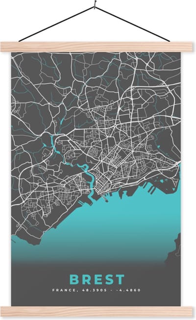 Posterhanger incl. Poster 40x60 cm - Schoolplaat - Kaart - Stadskaart - Brest - Frankrijk - Plattegrond - Textielposter - Blanke latten - Stadskaart