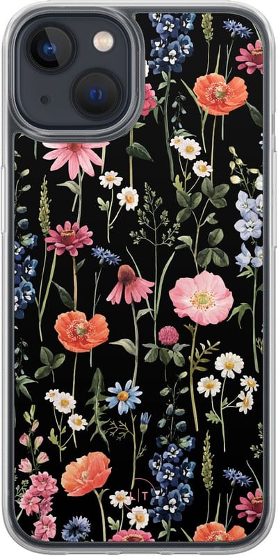 Hoesje geschikt voor iPhone 13 - Dark flowers - 2in1 backcover - Bloemen - Zwart, Multi - Leuke Telefoonhoesjes