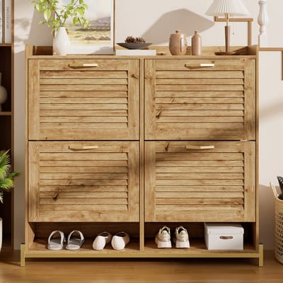 Moderne schoenenkast 108,5×24×100 cm - ontwerp met houten latten deuren - gangkast met vier deuren - opbergrek