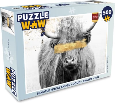 Puzzel Schotse hooglander - Goud - Zwart - Wit - Legpuzzel - Puzzel 500 stukjes