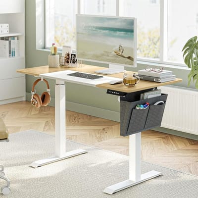 Elektrisch sta-bureau - Verstelbaar bureau - Zit-sta bureau - Spaanplaat stalen frame - 60 cm x 140 cm x (72-120) cm - Pastelgeel-basis wit - 1,5 cm tafelblad - 28 kg gewicht - 80 kg Max. laadvermogen