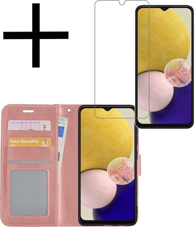 Hoesje - Met Screenprotector - Geschikt voor Samsung Galaxy A13 5G - Luxe Pasjeshouder - Bookcase Portemonee - Flip Case - Kunstleer Book Case - Flipcase - Book Cover - Walletcase - Portemonneehoes - Rosé goud