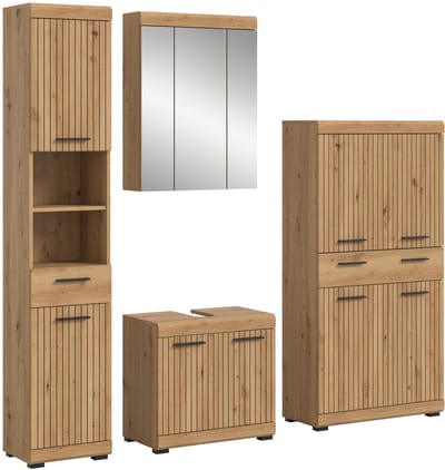 Moderne 4-delige badcombinatie in zwart - Ruime opbergkasten met wastafel en spiegelkast - 201x191x34cm
