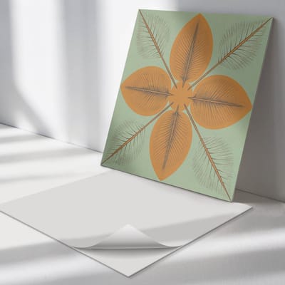 Wallfluent Vinyl Tegels - Bladeren in Een Symmetrisch Patroon Zelfklevende Vinyl Tegels - 30 cm x 30 cm - Oranje Vinyl Tegels - 9 stuks - Vierkant PVC Tegels - Bloemen en Planten Plaktegels - Vinyl Wandtegels - Plaktegels Keuken en Badkamer