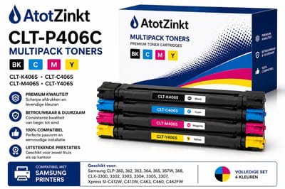 AtotZinkt Huismerk Multipack toners voor Samsung CLT-P406C CLT-K406S, CLT-C406S, CLT-M406S en CLT-Y406S Geschikt voor Samsung CLP-360, 362, 363, 364, 365, 367W, 368, CLX-3300, 3302, 3303, 3304, 3305, 3307, Xpress Sl-C412W, C413W, C463, C460, C462FW