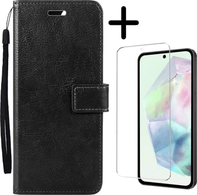 Hoesje Met Screenprotector - Geschikt voor Samsung Galaxy A35 - Luxe Pasjeshouder - Bookcase Portemonee - Flip Case - Kunstleer Book Case - Flipcase - Book Cover - Walletcase - Portemonneehoes - Zwart