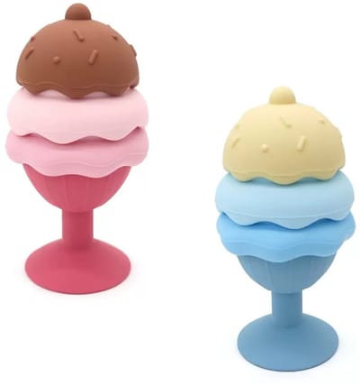 Bloemetje & Bear Siliconen IJsje Speelset-Badspeelgoed, Stapelspel & Rollenspel – BPA-vrij – Montessori Sensorisch Speelgoed voor Peuters-2 delige set-Roze & Blauw