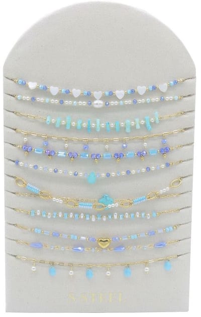 Kettingen - set van 12 - blauw - wit - goudkleurig - parels - RVS - display - dames - vrouwen - cadeau - feest -tijdloos - hip - zomer - strand - zee - vakantie - festival