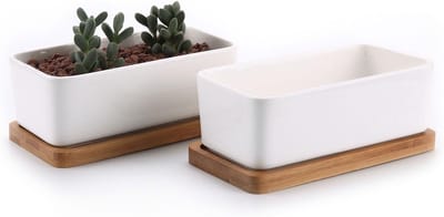 16,7CM Succulente Plantenpot Set van 2, Rechthoek Keramiek Vetplant Bloempot met Bamboe Onderzetter, Binnen Klein Cactus Pot met Afvoergat Wit voor Sappige Aloë Kruid Decoratieve Geschenk