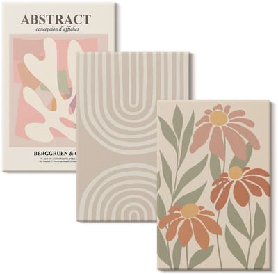 Wallfluent Set van canvas schilderijen - Abstracte vormen met plantenmotieven in pasteltinten Canvas Schilderijen Set - set 3 stuks 20x30 cm - Beige Set van Canvas Prints - Abstractie Canvas Kunst Set - Boheemse Canvas Kunst Set