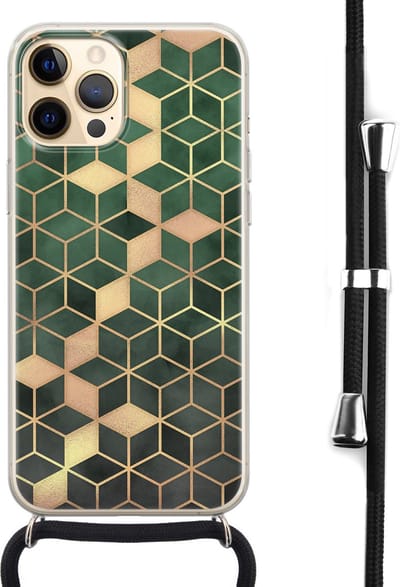 Hoesje met koord - Geschikt voor iPhone 12 - Groen kubus - Verstelbaar zwart koord - Transparant, Groen - Print / Illustratie - Leuke Telefoonhoesjes