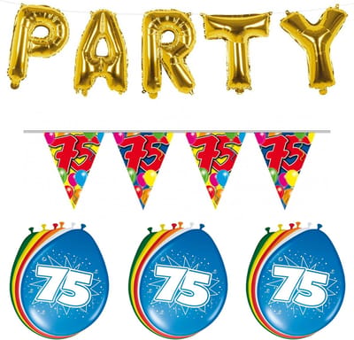 Folat - Verjaardag feestversiering 75 jaar PARTY letters en 16x ballonnen met 2x plastic vlaggetjes