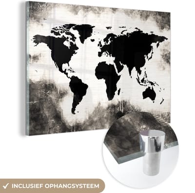 MuchoWow® Glasschilderij 60x40 cm - Schilderij acrylglas - Wereldkaart - Zwart - Wit - Hout - Foto op glas - Schilderijen