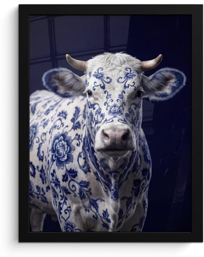 Poster in lijst - Fotolijst 30x40 cm - Posters - Koe - Delfts - Blauw - Artistiek - Posterlijst zwart - Decoratie - Wanddecoratie woonkamer - Muurdecoratie slaapkamer