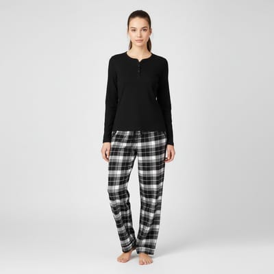 La-V pyjamaset voor dames met geruite flanel broek en V hals met knoopjes - Zwart S