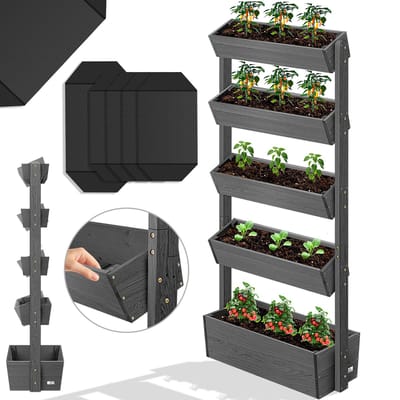 KESSER® Verticale Tuin met 5 Plantenbakken - Kweekbak voor Terras Balkon & Tuin inclusief Tuinvlies verticale Plantenbak met 5 vakken - Antraciet