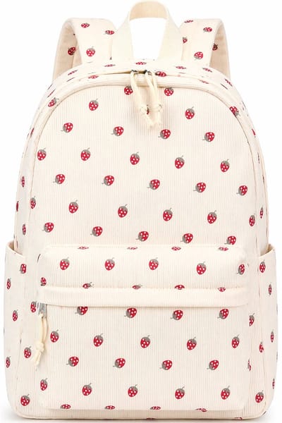 LISM-Leuke en meisjesachtige rugzak voor kinderen, tieners en meisjes. Ruim, lichtgewicht en geschikt voor dagelijks gebruik. Beige met aardbeienprint.