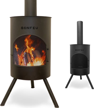 BonFeu BonTon 60 Zwart Tuinhaard Staal - Houtkachel met Vonkenscherm - Tuinkachel voor Sfeervolle Avonden - 60x60x195 cm