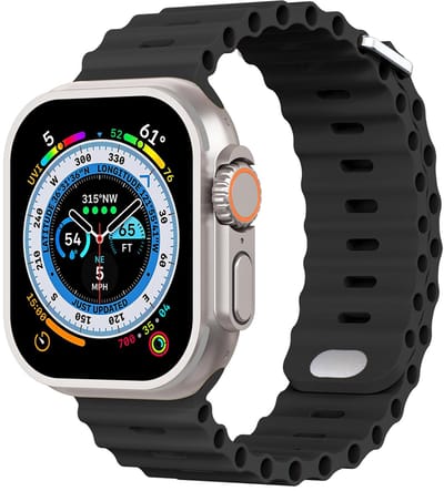 Stravo Sport Siliconen Ocean horlogebandje met metalen insteeksluiting – Geschikt voor Apple Watch 42mm (Series 11/10), 41mm (Series 9/8/7), 40mm (Series 6/5/4, SE 1/2/3), 38mm (Series 3/2/1) – Zwart