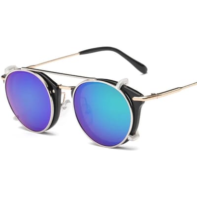 Rond Frame Zonbescherming Dubbel Gebruik Set Zonnebril Nieuwe Modieuze Platte Coating Metalen Zonnebril Punk Stijl Heren Dubbel Gebruik VisionGlasses W91518WW- blue