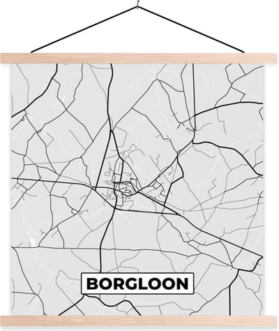 Posterhanger incl. Poster 40x40 cm - Schoolplaat - België – Borgloon – Stadskaart – Kaart – Zwart Wit – Plattegrond - Textielposter - Blanke latten - Stadskaart