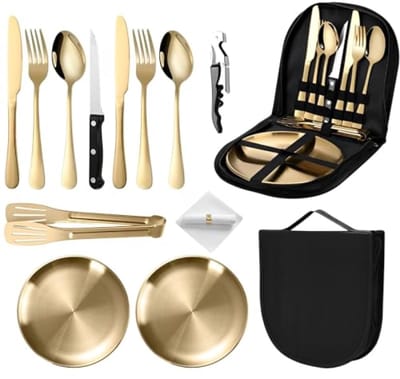 SnelShoppen - Camping Servies Set 13-delig voor 2 Personen, Dikke RVS Buiten Servies met Bestek, Borden en Opbergtas - Ideaal voor Kamperen, Picknicke