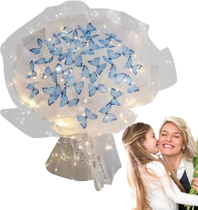 Bloemen Vlinder Set - Zelf Maak Boeket - Feest Decoratie - Met LED Verlichting - Handgemaakt Formaat - Aqua Blauw