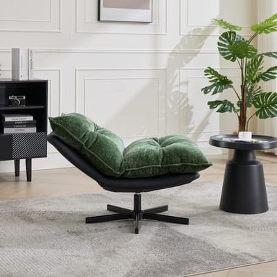 REDOM - Draaibare Relaxstoel - 3-Standen Rugleuning En 360° Draaifunctie - Industrieel - Voor Leeshoek - Chenille En Metaal - Donkergroen Zwart