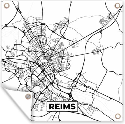 Tuin poster Kaart - Plattegrond - Reims - Frankrijk - Stadskaart - Zwart wit - 200x200 cm - Tuindoek