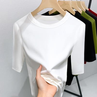 T-shirt d'été à manches mi-longues pour femme, nouveau t-shirt en coton à col rond pour femme, haut simple et moulant de couleur unie M blanc