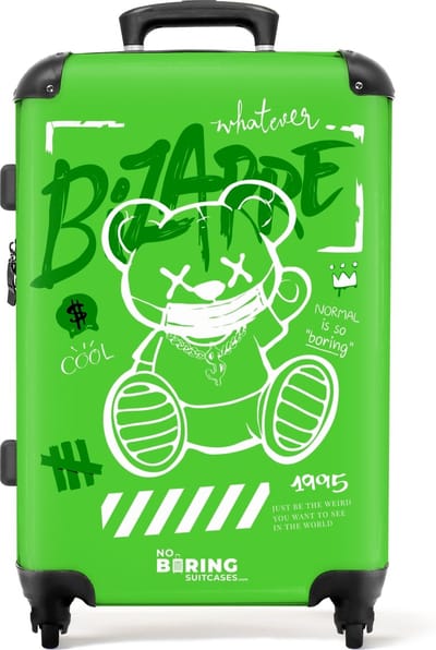 NoBoringSuitcases.com® - Koffer groot - Rolkoffer lichtgewicht - Wit silhouet van een teddybeer in street art stijl - Reiskoffer met 4 wielen - Grote trolley XL - 20 kg bagage
