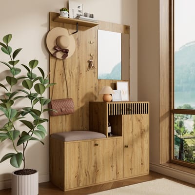 Wishdor - Halgarderobe - Met Spiegel En Zitkussen - Modern - Voor De Hal - MDF - Zwart En Natuurlijk - 110 X 185,5 X 37 Cm