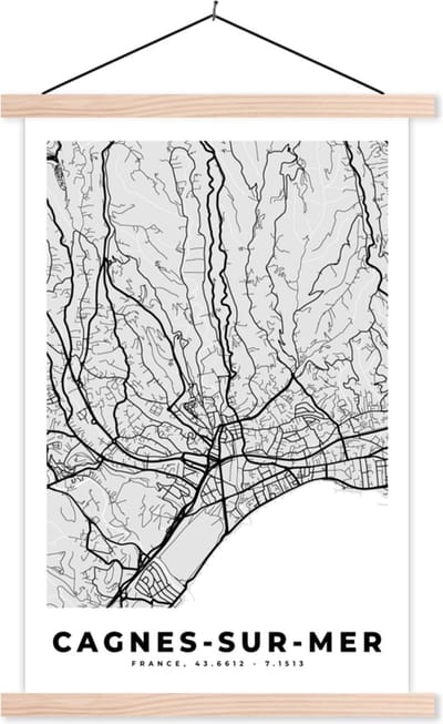 Posterhanger incl. Poster 40x60 cm - Schoolplaat - Stadskaart - Frankrijk - Kaart - Cagnes-sur-Mer - Plattegrond - Textielposter - Blanke latten - Stadskaart