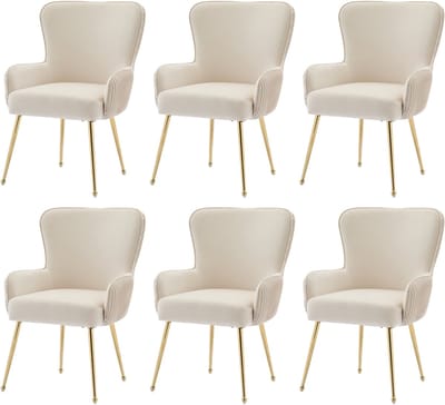 Fluwelen eetkamerstoel - set van 6 - woonkamer - slaapkamer - loungestoel - met armleuningen en verstelbare poten - lendensteun - beige en goud
