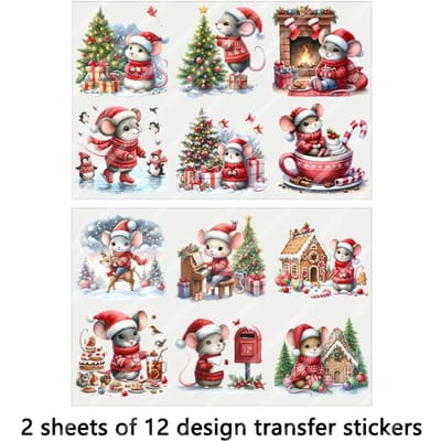 2 Stuks Schattige Kerstmuis Diy Uv Dtf Wrijf Op Transferstickers Beker Glazen Mok Wrap Kaarten Huis Kerstboom Ornament Huis Decoratie gray