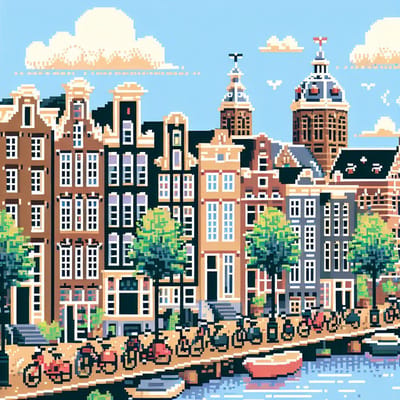 Pixel art amsterdam schilderij | Amsterdamse grachten in levendige pixels: een uniek kunstwerk verbeeld | Kunst - 30x30 centimeter op Canvas | Foto op Canvas