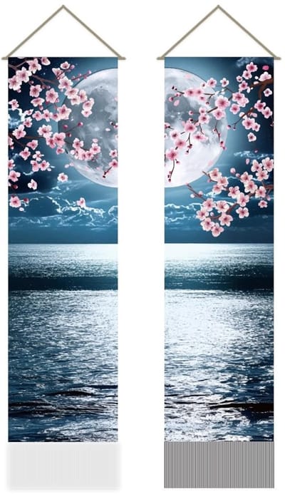 Dailygoods- Wandtapijt Japans anime-landschap - Oceaan maan kersenbloesem - Wanddecoratie - Muurhanger - Esthetisch wandtapijt - Met kwastjes - Muurtapijt