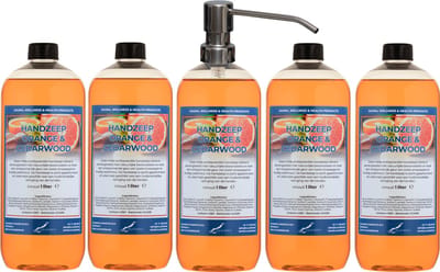 Handzeep Sweet Orange & Cedarwood 1 liter - set van 5 stuks - met gratis RVS zilverkleurige pomp - Voordeelverpakking