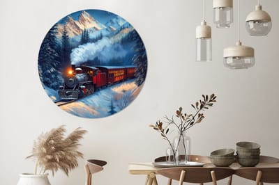 WallCircle - Wandcirkel - Muurcirkel - Trein - Kerst - Sneeuw - Kersttrein - Aluminium - Dibond - 140x140 cm - Binnen en Buiten