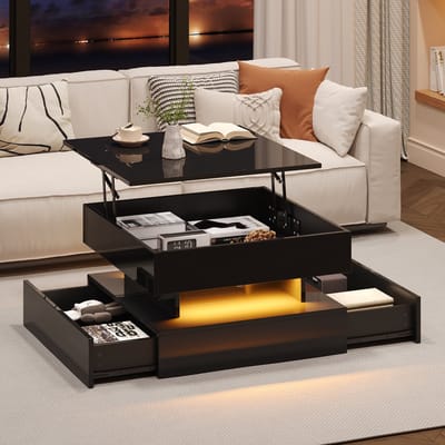 MODENUIT Salontafel - Hefbaar Blad, LED En 2 Lades - Voor Woonkamer - Hoogglans Zwart Spaanplaat - 65x65x38,5 Cm