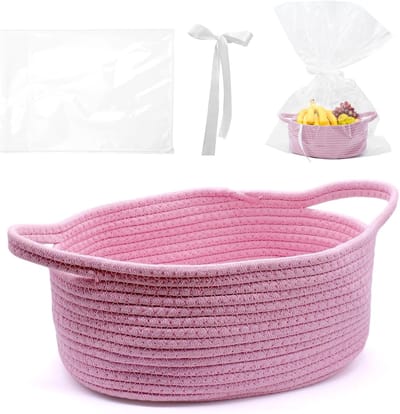 SnelShoppen - Lege Cadeau Mand Woven met Cellofaan en Ribbons, Katoenen Draad Mand voor Cadeaus, Feestdagen, Verjaardagen (Roze)