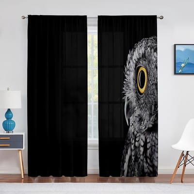 Animal Hibou Gros Plan Plumes Grands Yeux Voilages pour Décor de Salon Chambre Fenêtre Voiles Mousseline Tulle Rideau Drapés 1 PCS W100XH250cm&Grommet Top