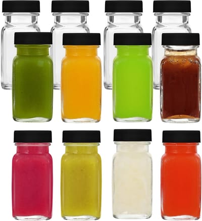 Famanu - 12 Stuks Glazen shotflessen 60 ml met deksel, vaatwasser- en koelkastbestendig, herbruikbare gemberflessen – Transparant