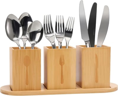 3-delige Besteklade van Hout, Bestekhouder voor Keuken, Keukenaccessoires, Organisator voor Eettafel, Bestekstandaard met Afvoer