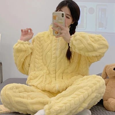 Casual Warme Koraalfleece Pyjama's Dikke Jacquard Flanel Dames Winter Col Slaapkleding Broekpakken Huiskleding Loungewear XL beige