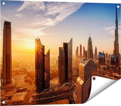 Gards Tuinposter Dubai Stad bij Zonsopgang - 80x60 cm - Tuindoek - Tuindecoratie - Wanddecoratie buiten - Tuinschilderij
