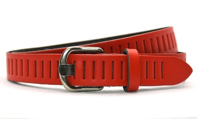 Timbelt Leren Geperforeerde Gleufjes Riem Smal - Breedte 3 cm - Dames en Heren - Echt Leer - Rood - Lengte totaal 110 cm / Riemmaat 95